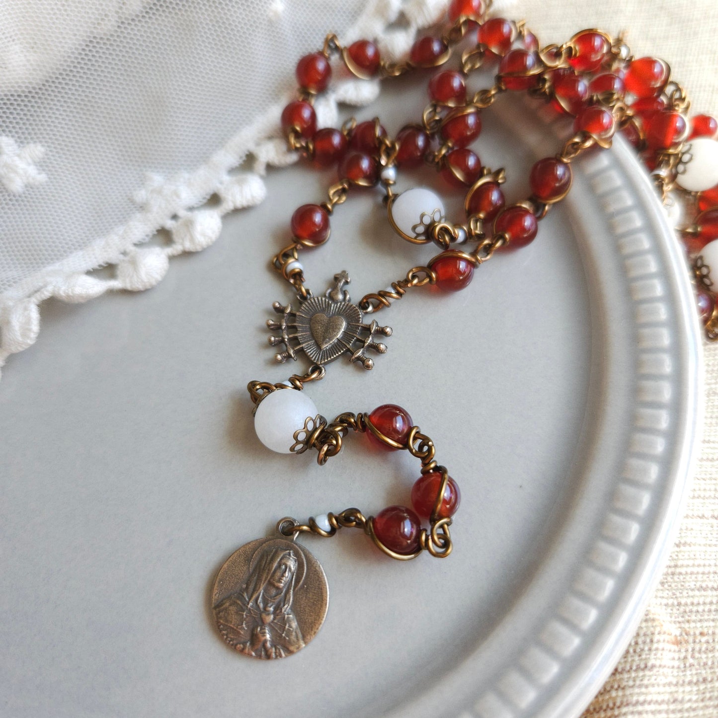 Seven Sorrows Rosary – Handmade Catholic Rosary with Red Gemstone and Matte Agate Beads