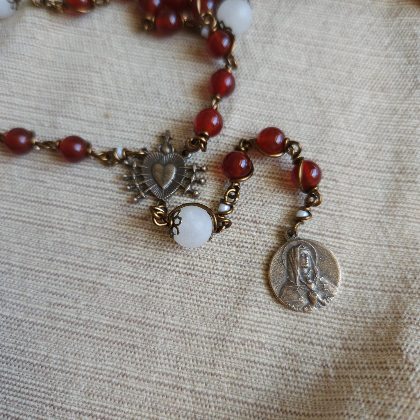 Seven Sorrows Rosary – Handmade Catholic Rosary with Red Gemstone and Matte Agate Beads