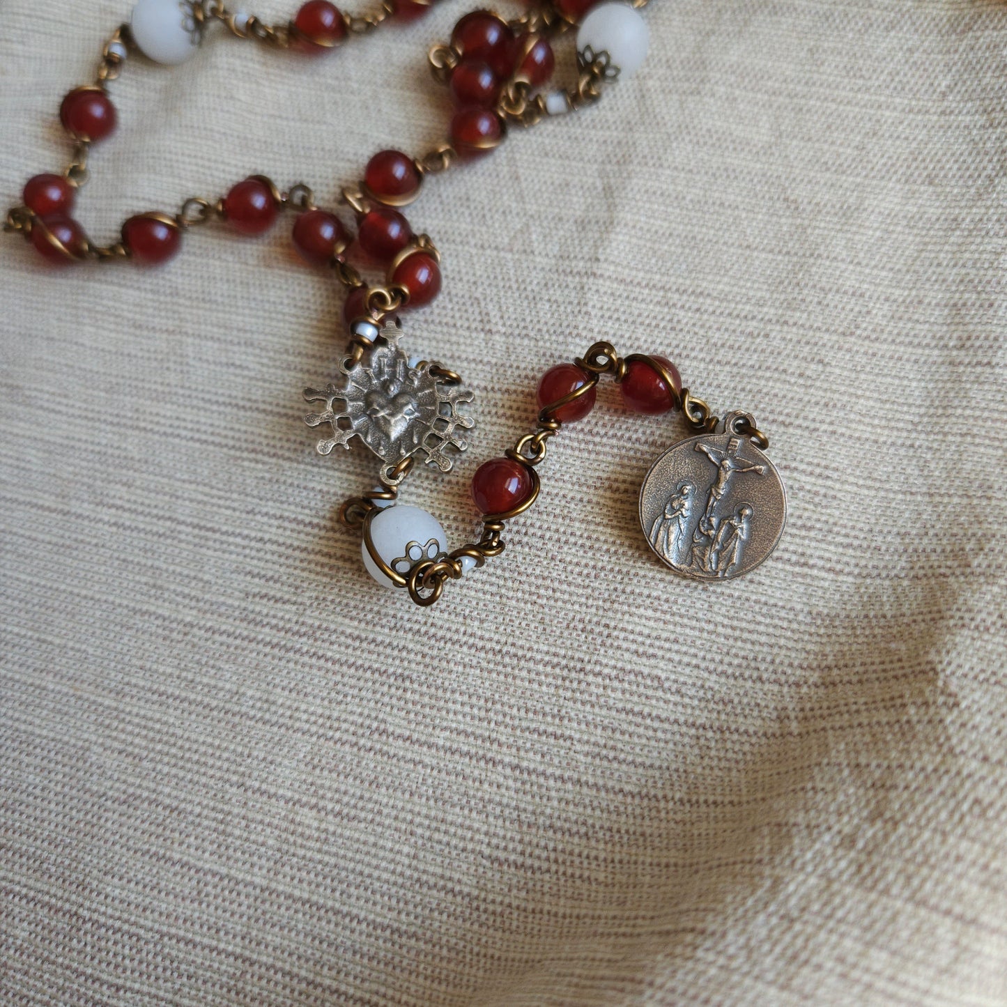 Seven Sorrows Rosary – Handmade Catholic Rosary with Red Gemstone and Matte Agate Beads