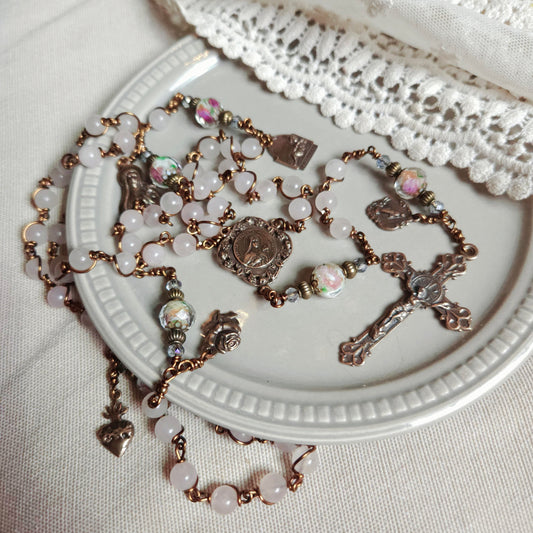 St. Therese Rosary – Handmade Catholic Rosary with Rose Quartz and Lampwork Beads