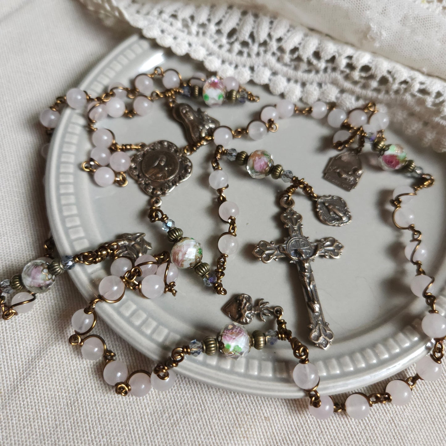 St. Therese Rosary – Handmade Catholic Rosary with Rose Quartz and Lampwork Beads
