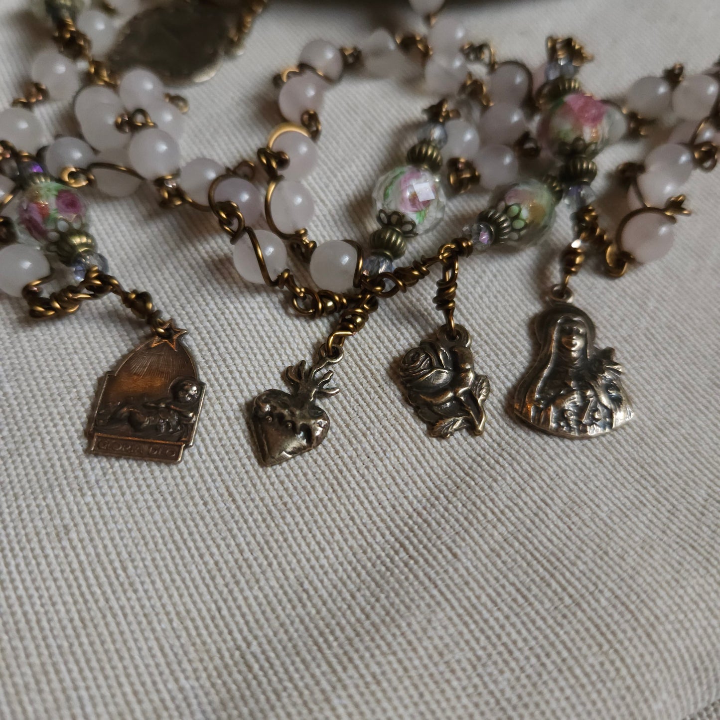 St. Therese Rosary – Handmade Catholic Rosary with Rose Quartz and Lampwork Beads