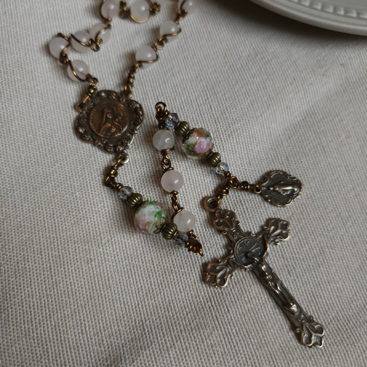 St. Therese Rosary – Handmade Catholic Rosary with Rose Quartz and Lampwork Beads