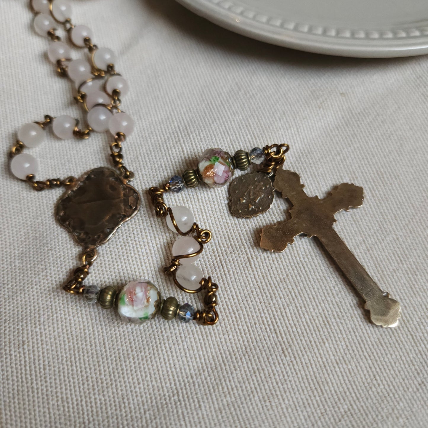 St. Therese Rosary – Handmade Catholic Rosary with Rose Quartz and Lampwork Beads