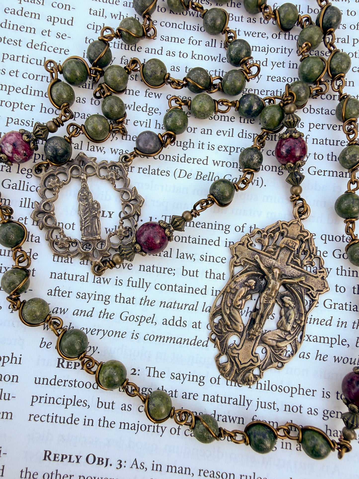 St. Anne Rosary – Handmade Catholic Rosary with Green Pyrite and Red Jade Beads