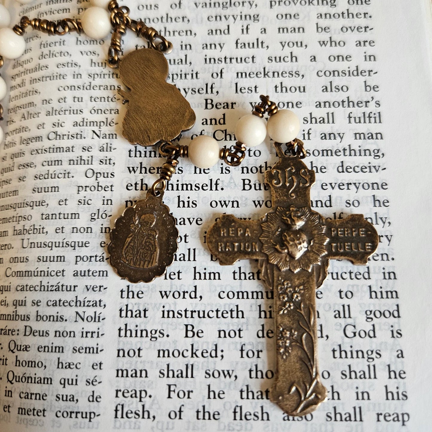 Holy Face Chaplet — Cream Fossil Jasper Beads with Bronze Crucifix