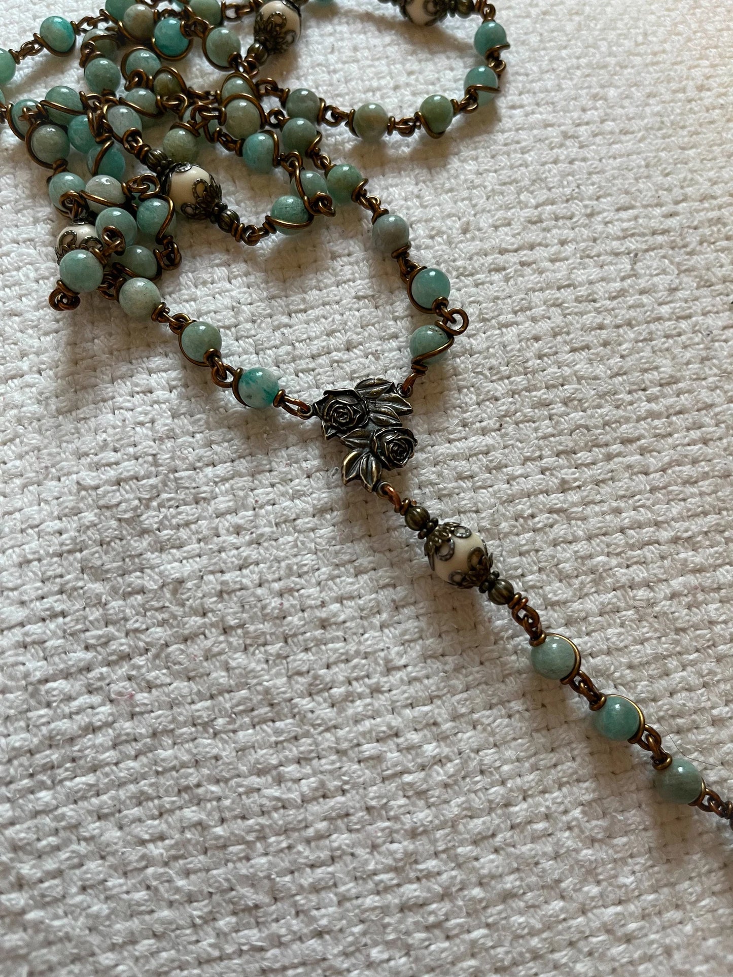 Amazonite Stone Catholic Rosary — Handmade with Bronze Crucifix
