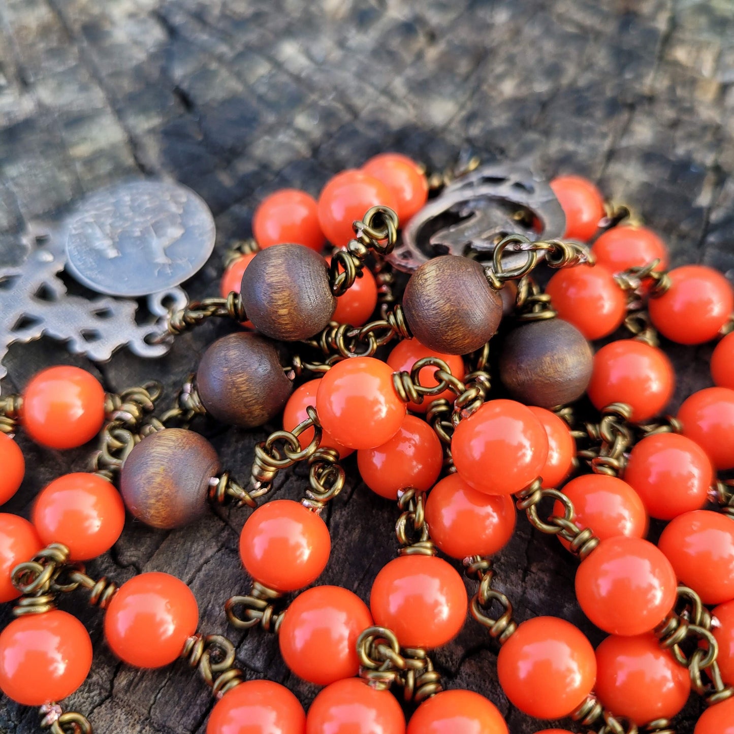 St. Hubert Rosary – Handmade Hunting Rosary with Blaze Orange Beads and Deer Center