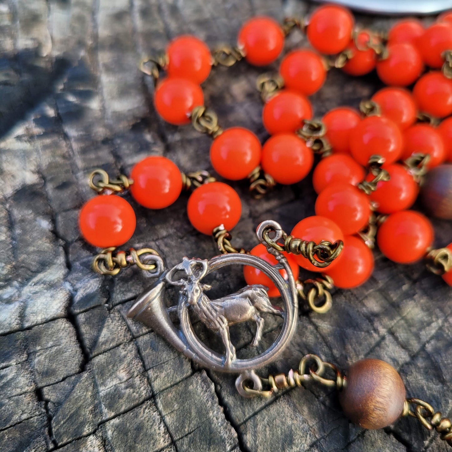 St. Hubert Rosary – Handmade Hunting Rosary with Blaze Orange Beads and Deer Center