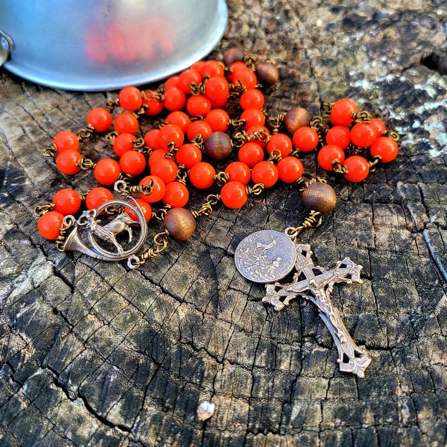 St. Hubert Rosary – Handmade Hunting Rosary with Blaze Orange Beads and Deer Center