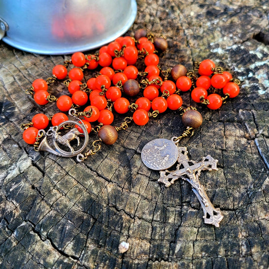 St. Hubert Rosary – Handmade Hunting Rosary with Blaze Orange Beads and Deer Center