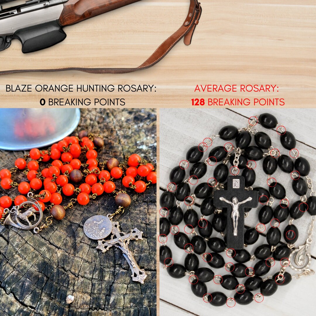 St. Hubert Rosary – Handmade Hunting Rosary with Blaze Orange Beads and Deer Center