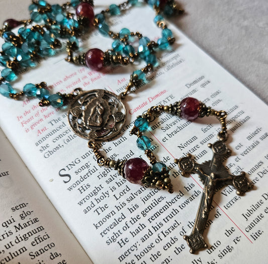 Our Lady of Guadalupe Rosary – Handmade Catholic Rosary with Blue-Green Glass Beads