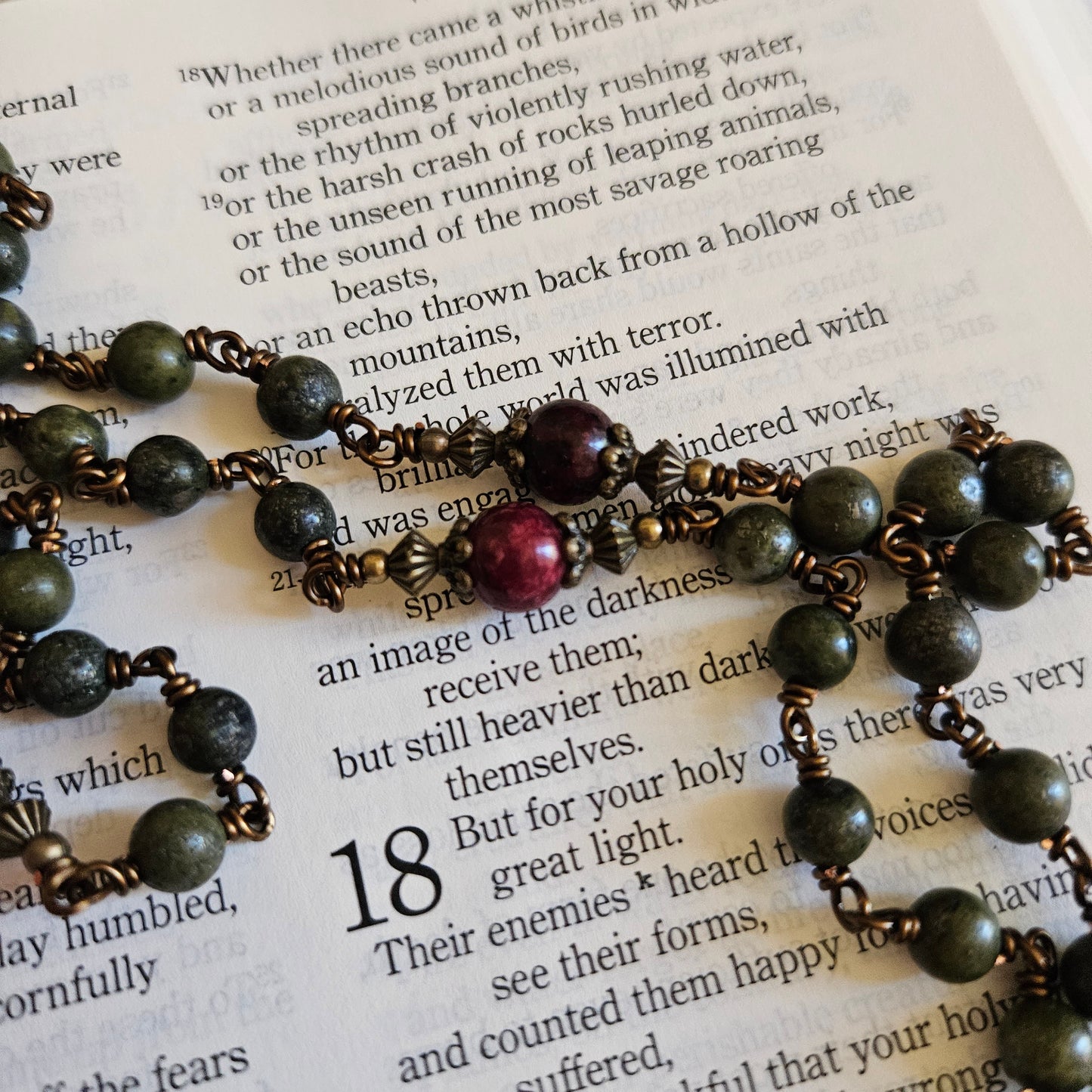 St. Anne Rosary – Handmade Catholic Rosary with Green Pyrite and Red Jade Beads