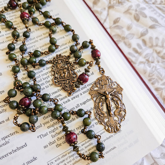 St. Anne Rosary – Handmade Catholic Rosary with Green Pyrite and Red Jade Beads