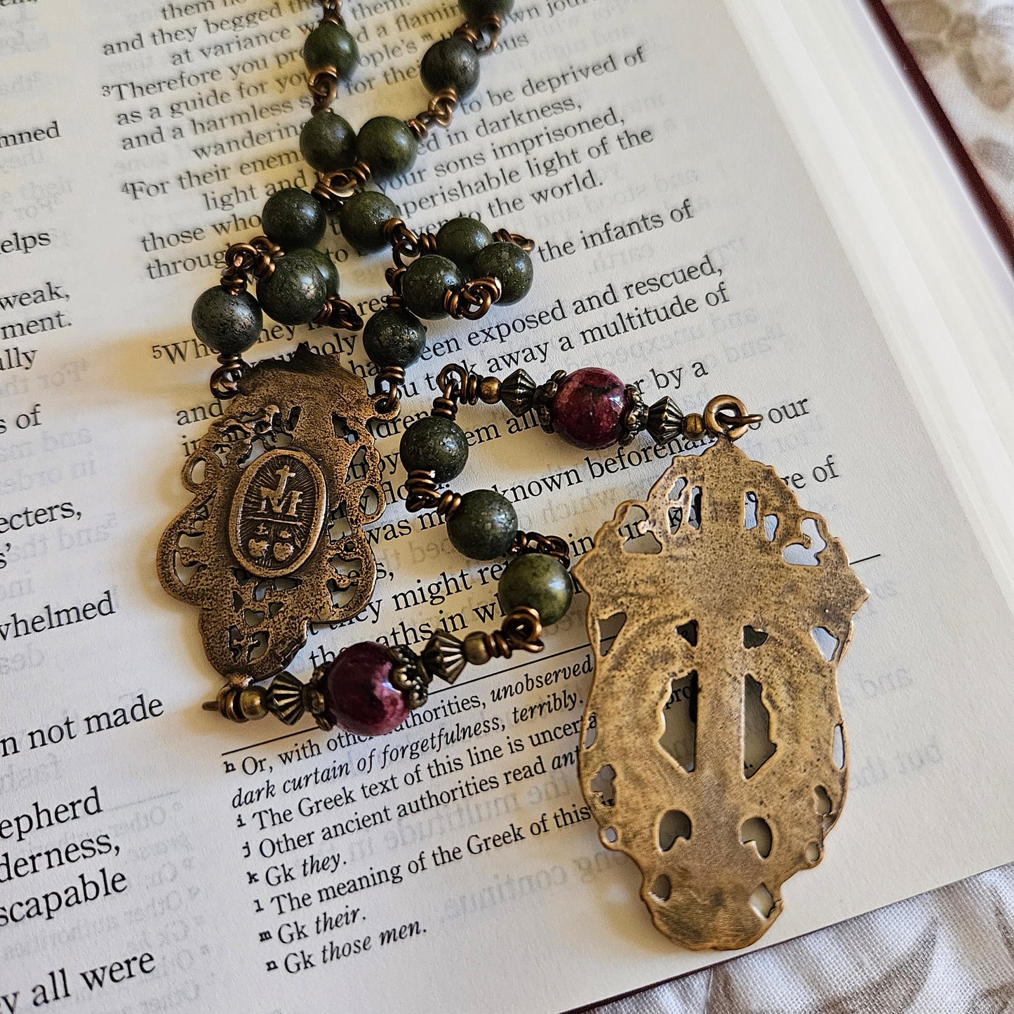 St. Anne Rosary – Handmade Catholic Rosary with Green Pyrite and Red Jade Beads