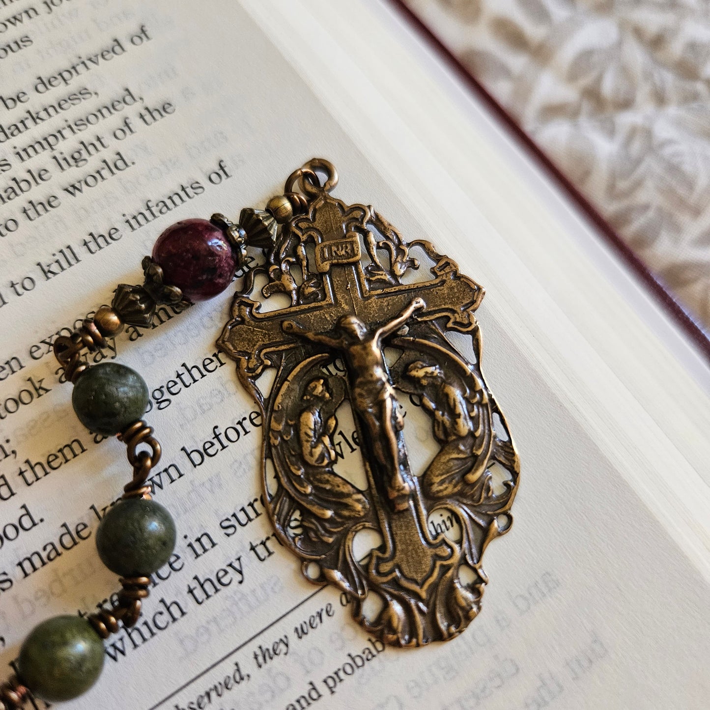 St. Anne Rosary – Handmade Catholic Rosary with Green Pyrite and Red Jade Beads