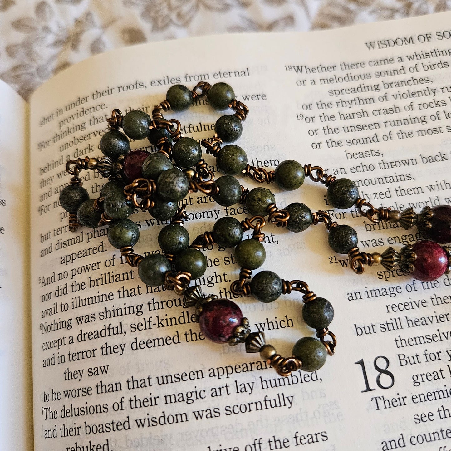 St. Anne Rosary – Handmade Catholic Rosary with Green Pyrite and Red Jade Beads