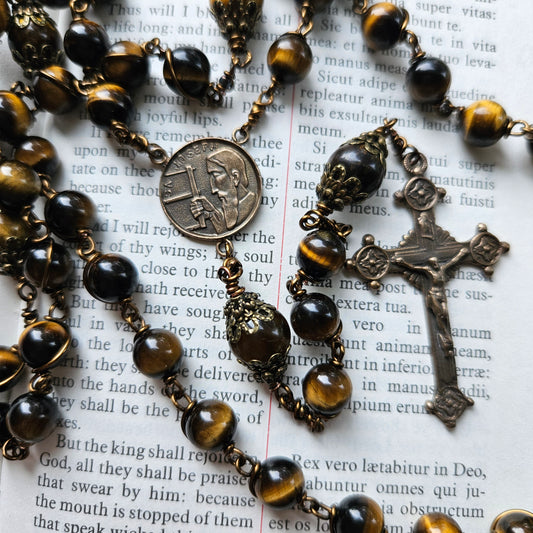 St. Joseph Rosary – Handmade Catholic Rosary with Tiger Eye Beads and Bronze Crucifix
