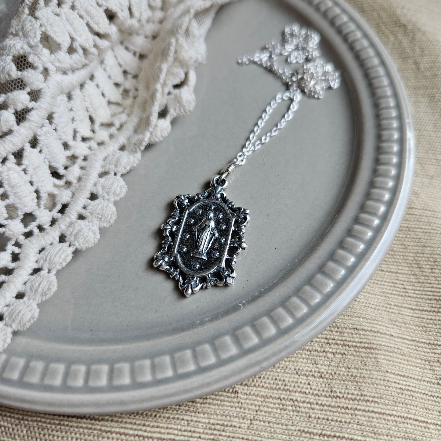 Lace Edged Miraculous Medal Necklace