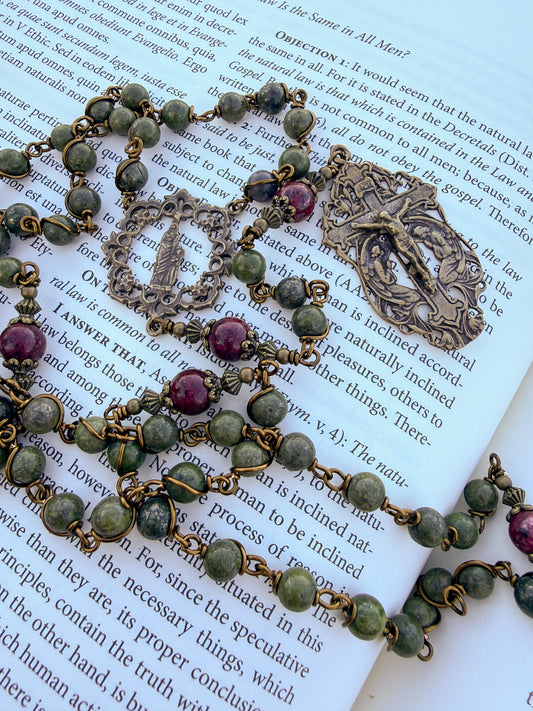 St. Anne Rosary – Handmade Catholic Rosary with Green Pyrite and Red Jade Beads
