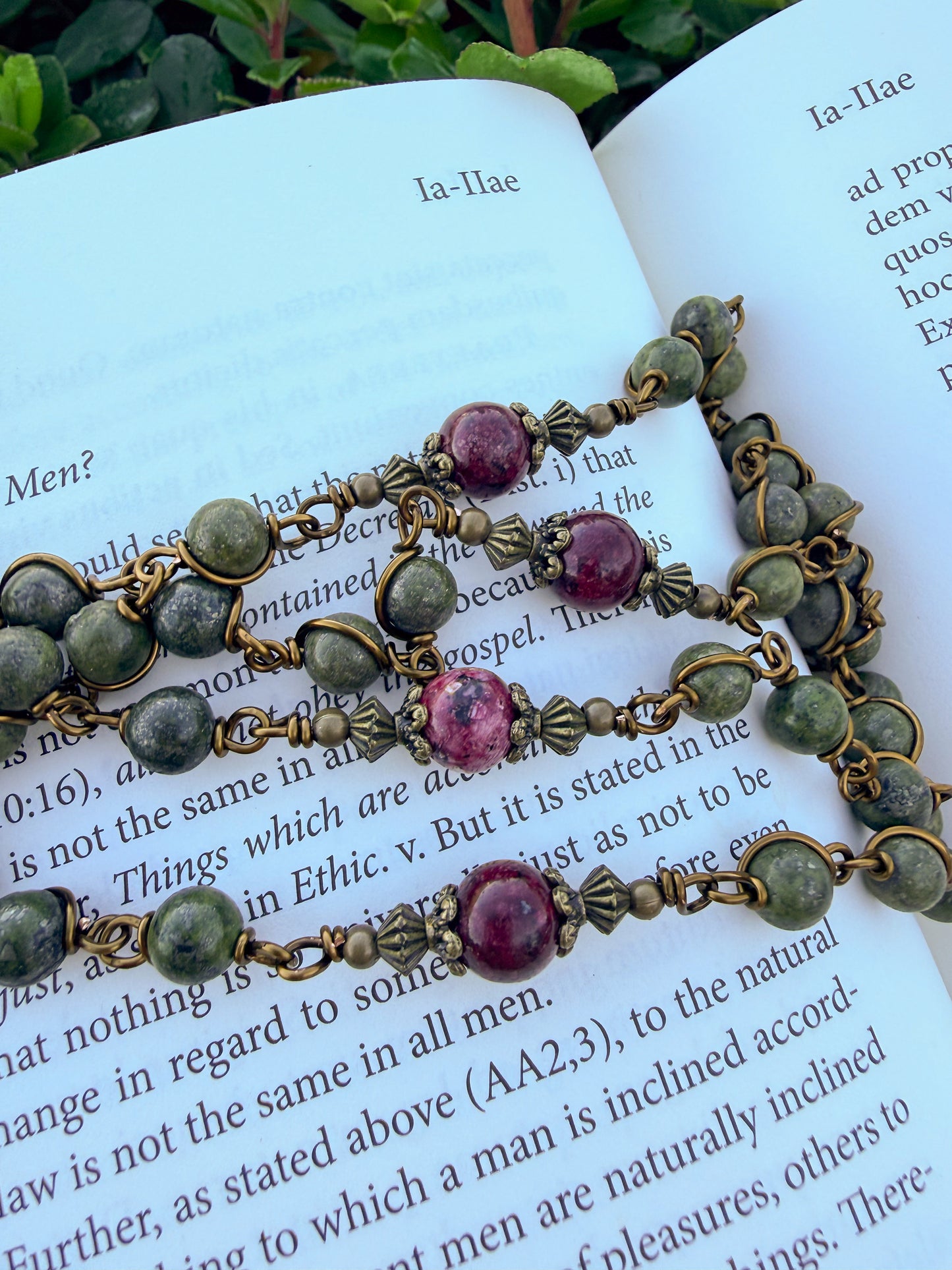 St. Anne Rosary – Handmade Catholic Rosary with Green Pyrite and Red Jade Beads