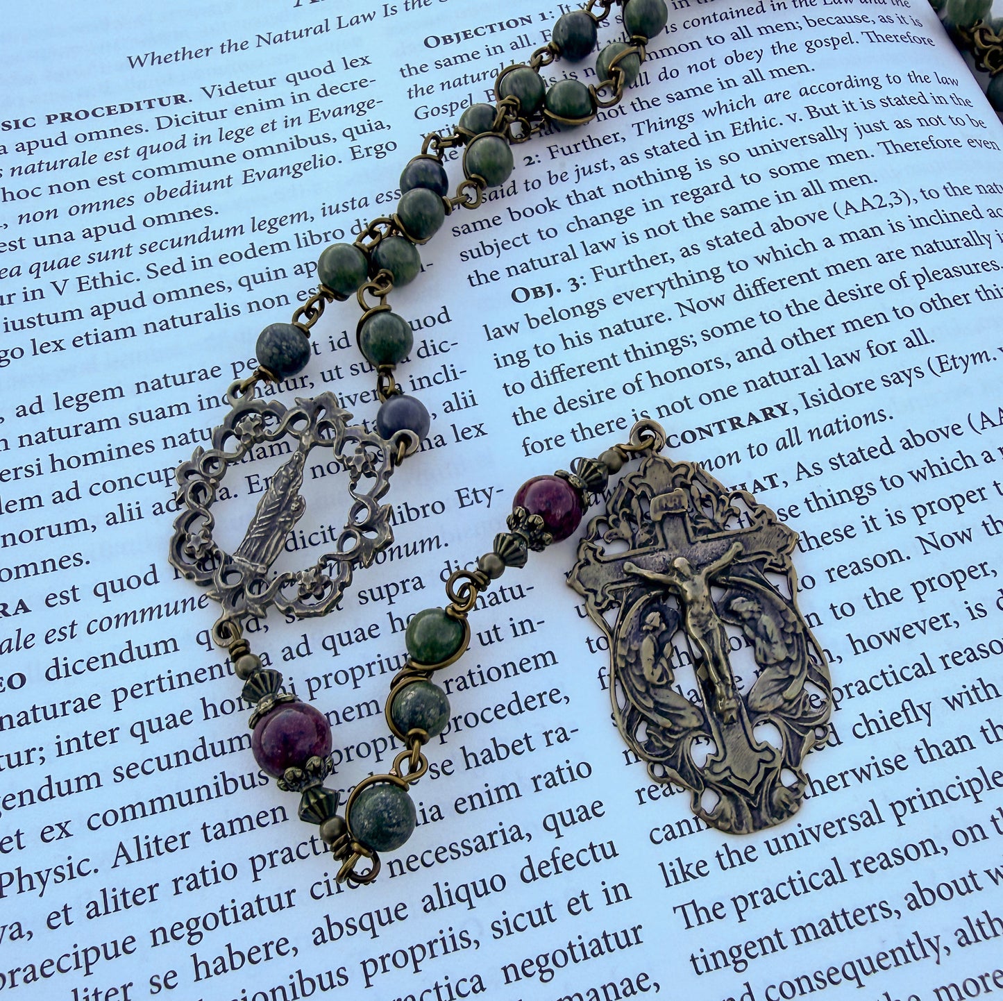 St. Anne Rosary – Handmade Catholic Rosary with Green Pyrite and Red Jade Beads