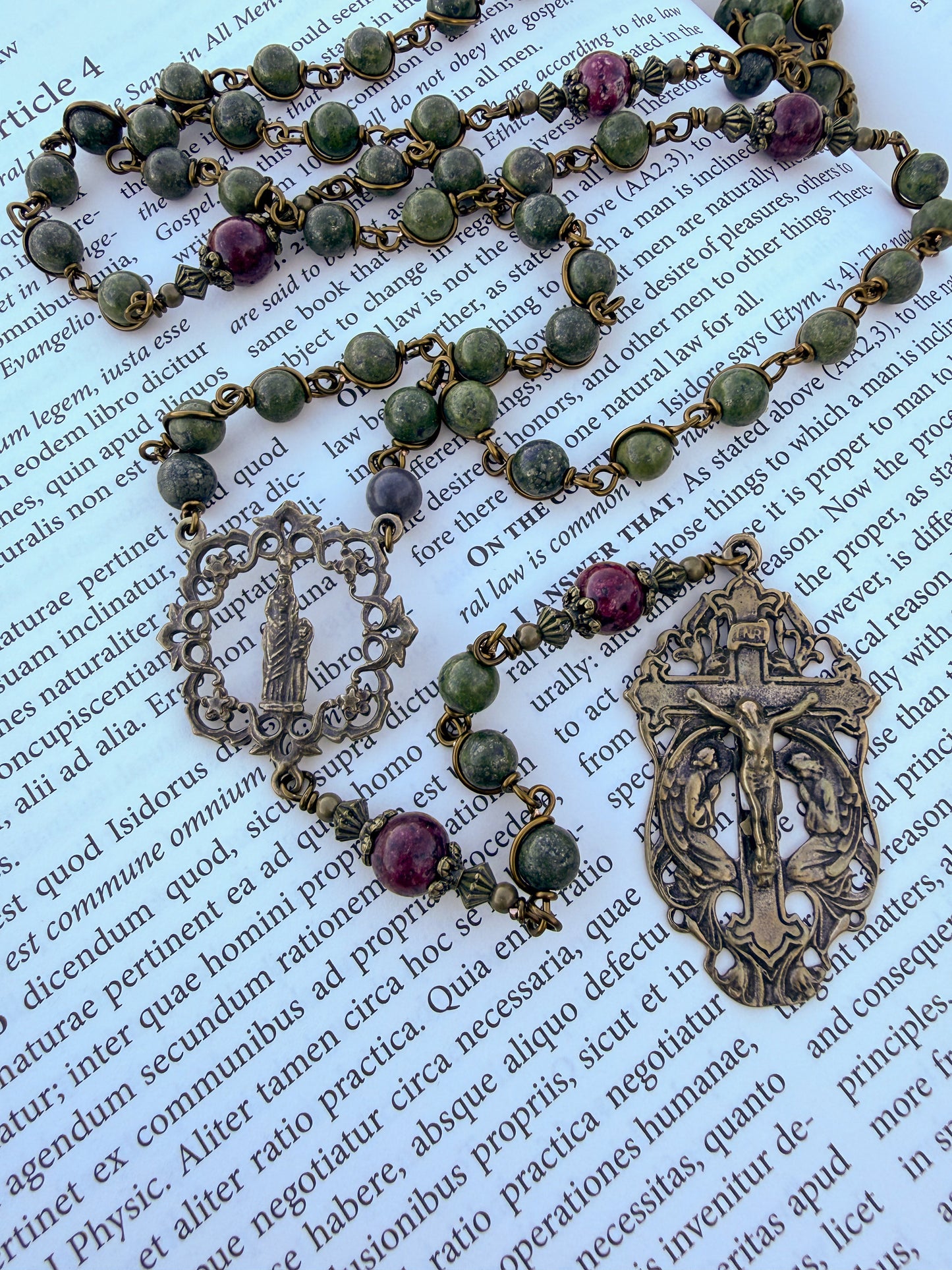 St. Anne Rosary – Handmade Catholic Rosary with Green Pyrite and Red Jade Beads