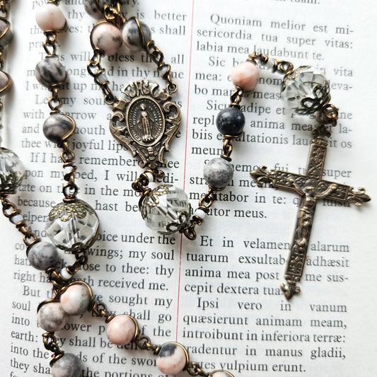 Pink Jasper & Crystal Catholic Rosary -- Antique Replica Bronze Crucifix & Miraculous Medal