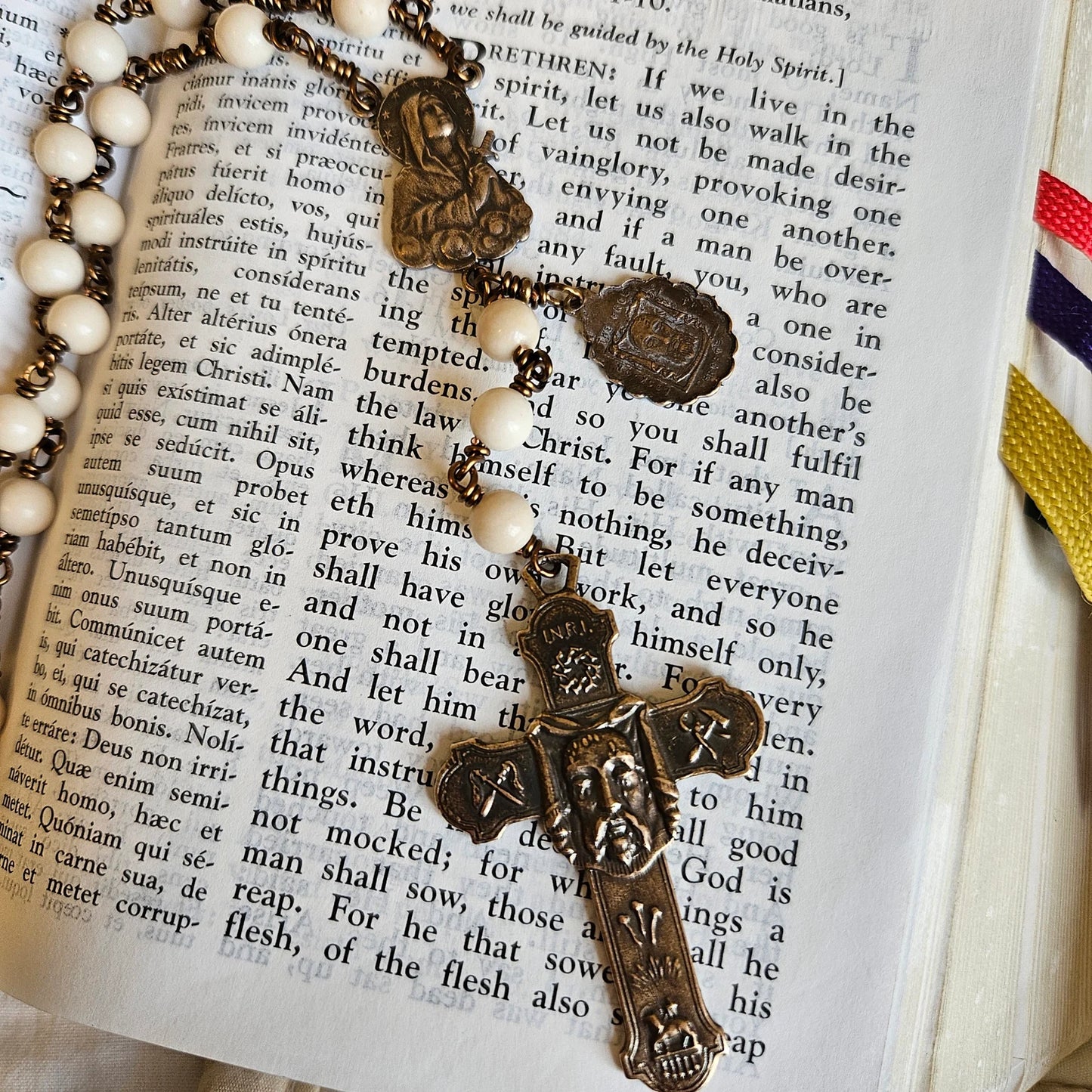 Holy Face Chaplet — Cream Fossil Jasper Beads with Bronze Crucifix
