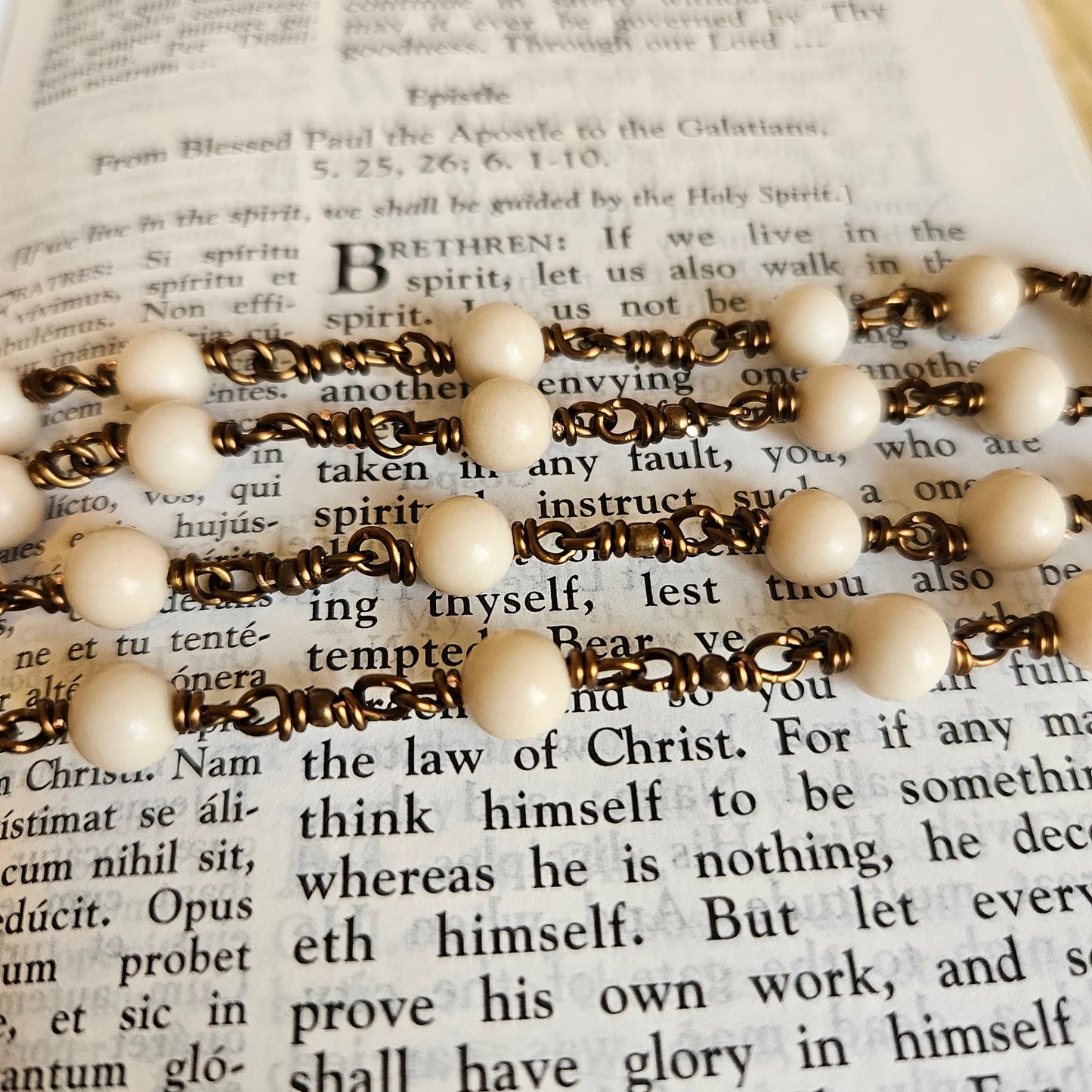 Holy Face Chaplet — Cream Fossil Jasper Beads with Bronze Crucifix