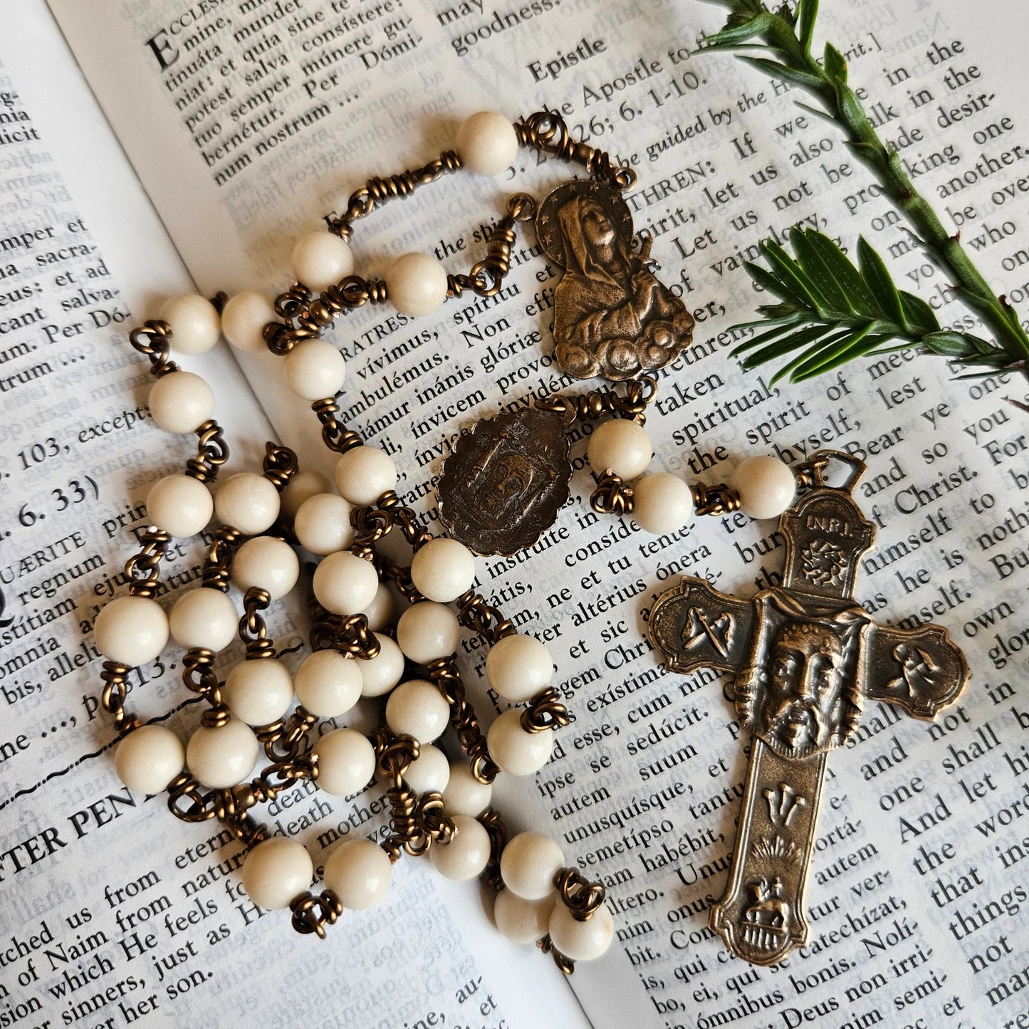 Holy Face Chaplet — Cream Fossil Jasper Beads with Bronze Crucifix
