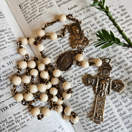 Holy Face Chaplet — Cream Fossil Jasper Beads with Bronze Crucifix