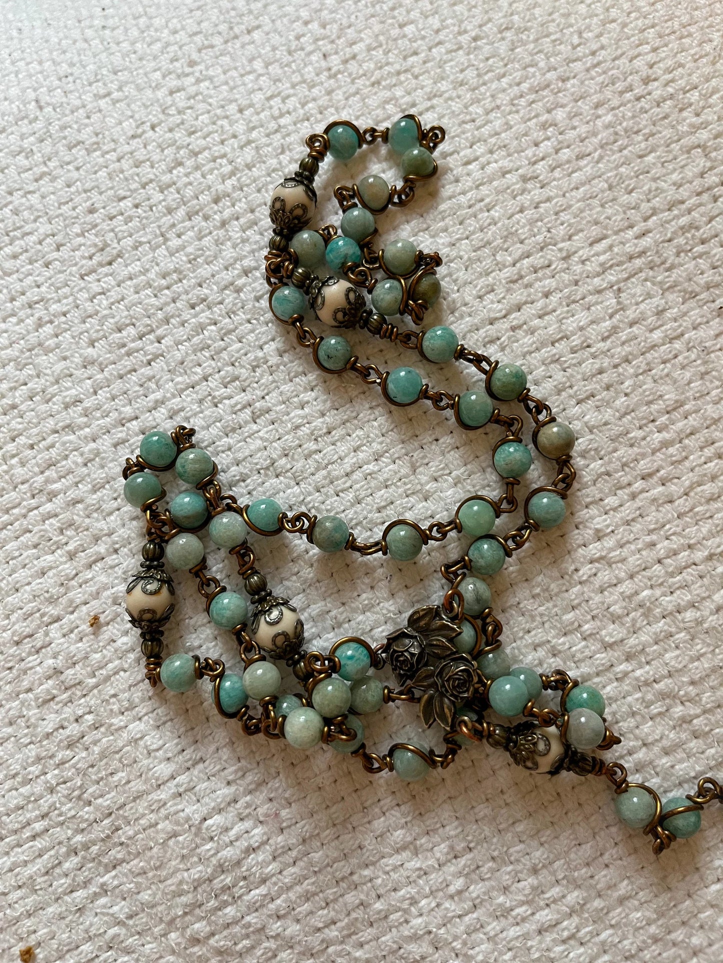 Amazonite Stone Catholic Rosary — Handmade with Bronze Crucifix