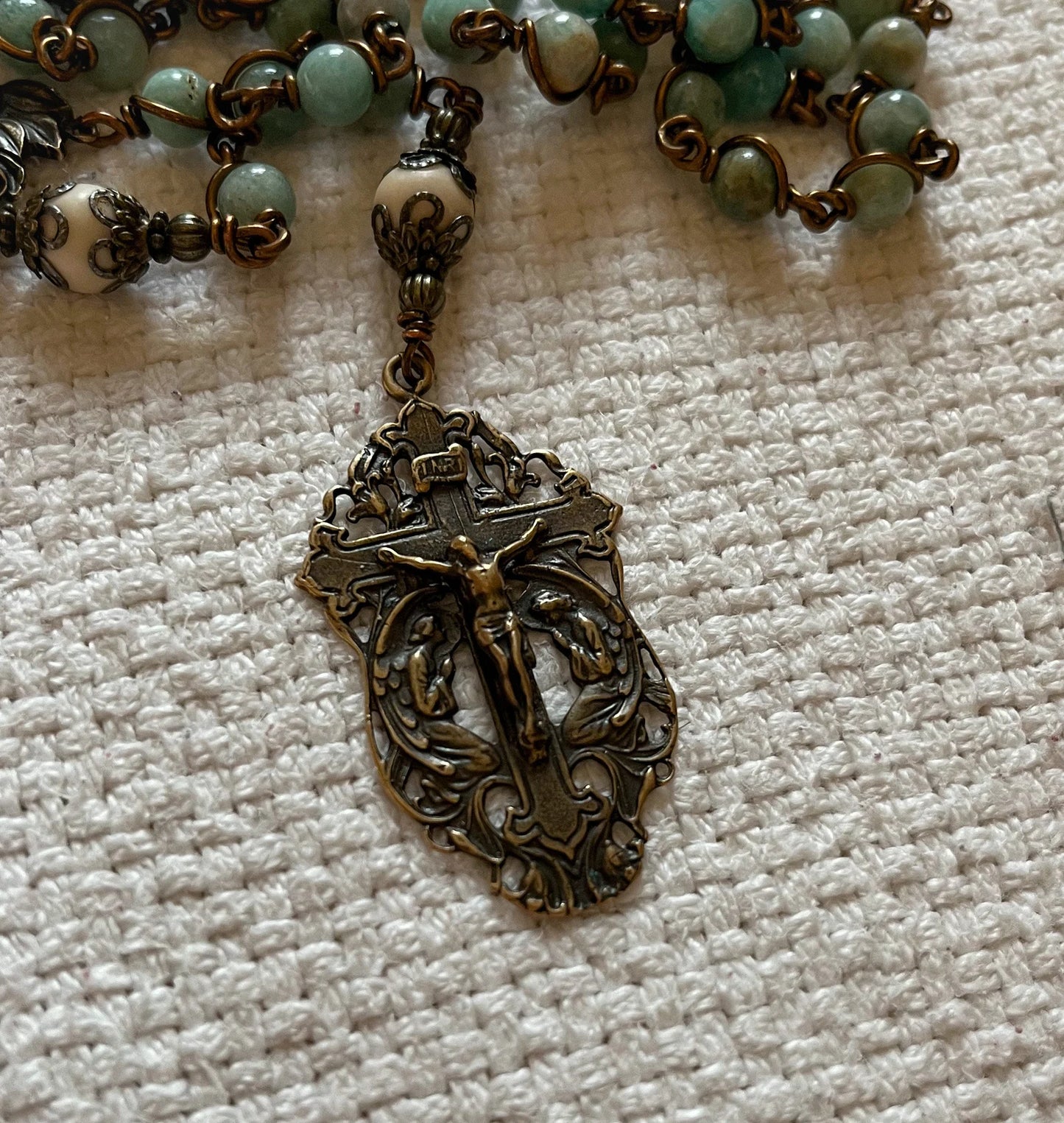 Amazonite Stone Catholic Rosary — Handmade with Bronze Crucifix