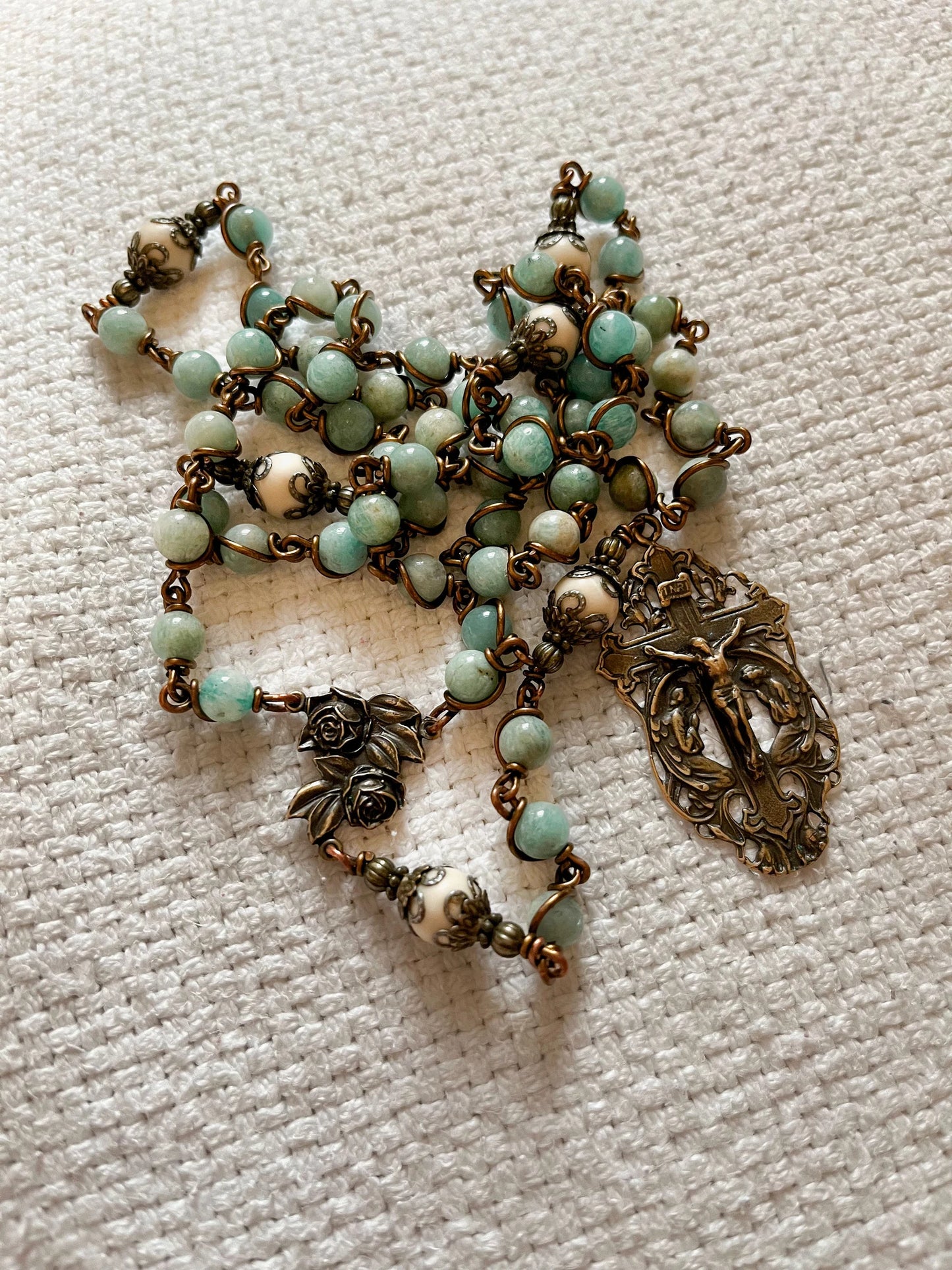 Amazonite Stone Catholic Rosary — Handmade with Bronze Crucifix