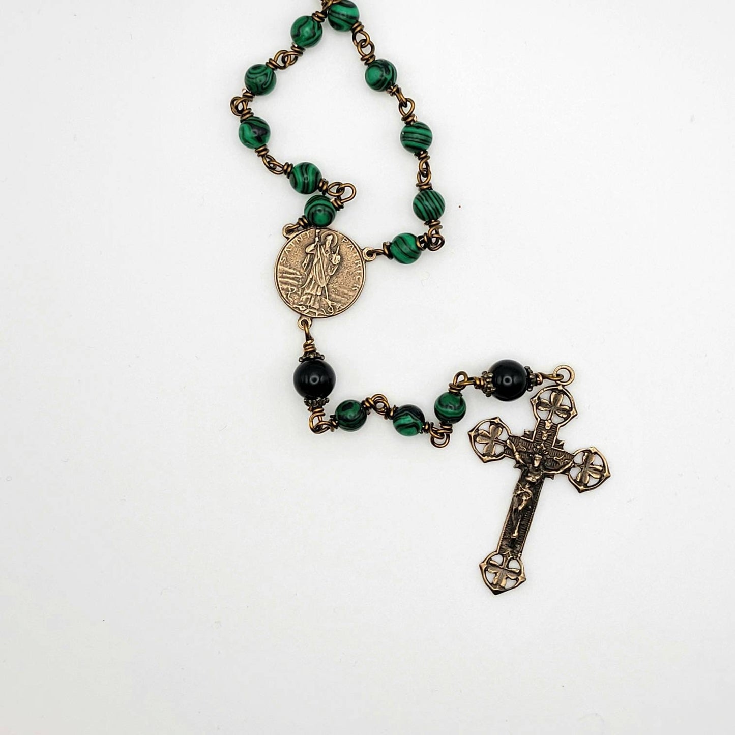 St. Patrick Rosary – Handmade Catholic Rosary with Malachite Beads and Shamrock Crucifix