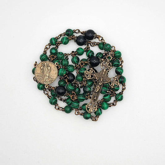 St. Patrick Rosary – Handmade Catholic Rosary with Malachite Beads and Shamrock Crucifix