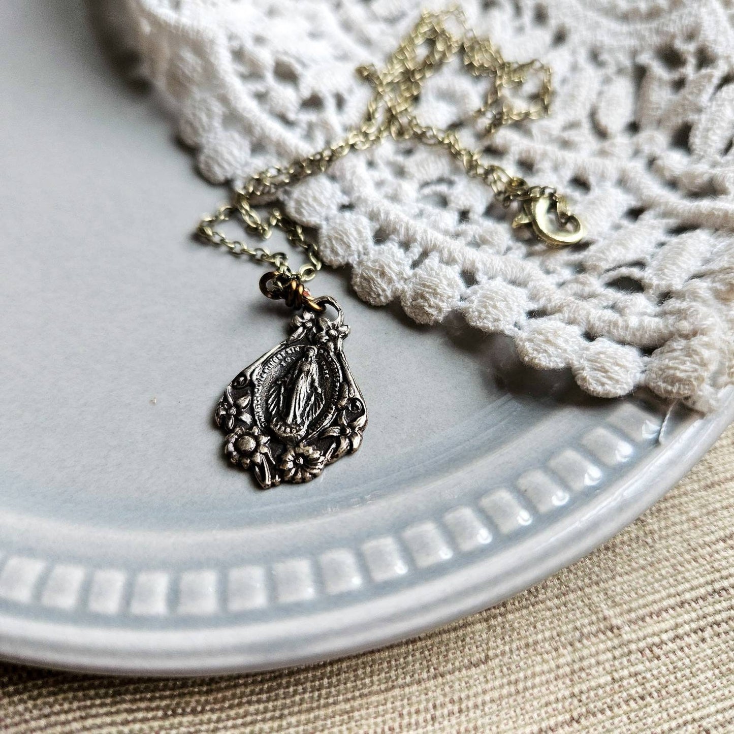 Bronze Floral Miraculous Medal Necklace