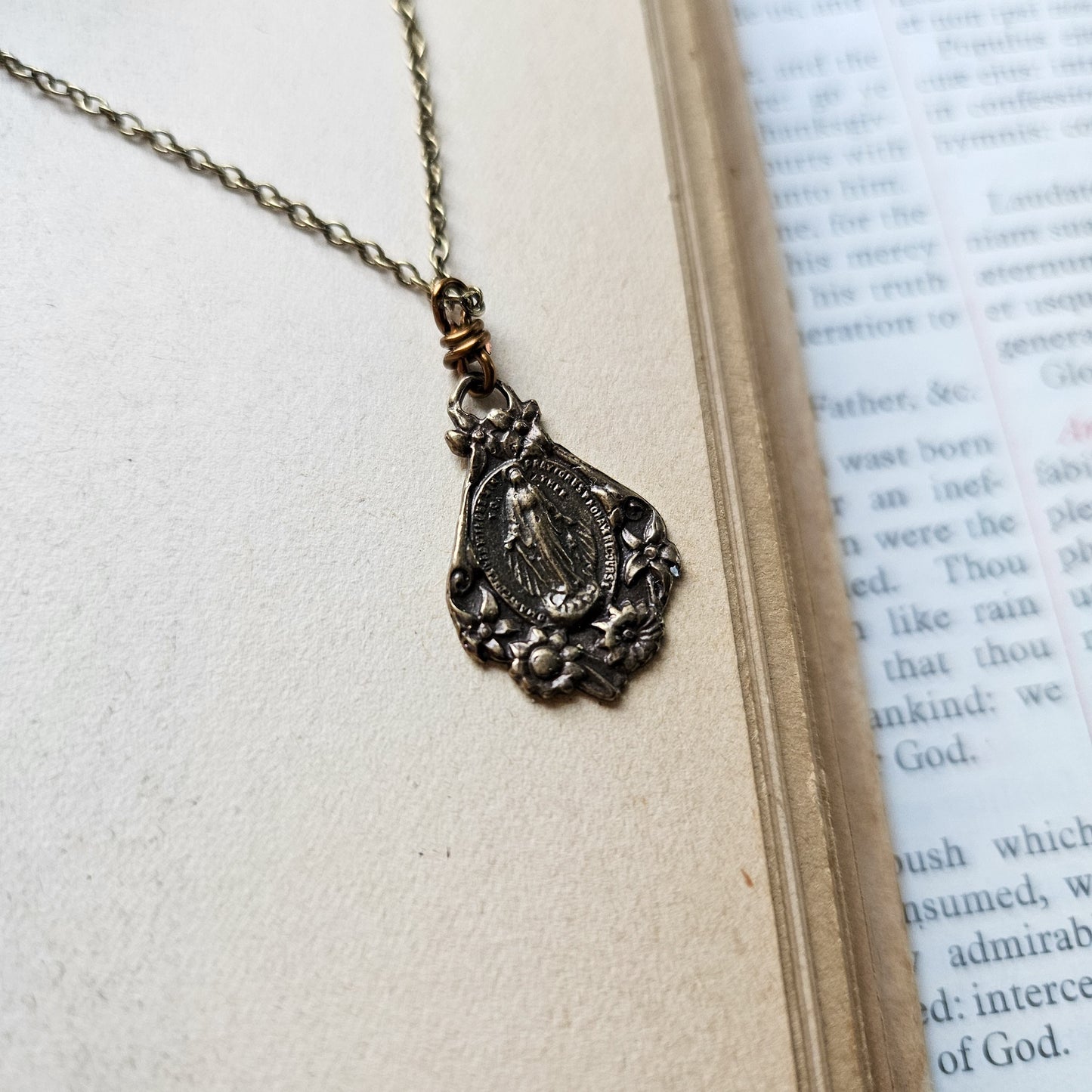 Bronze Floral Miraculous Medal Necklace