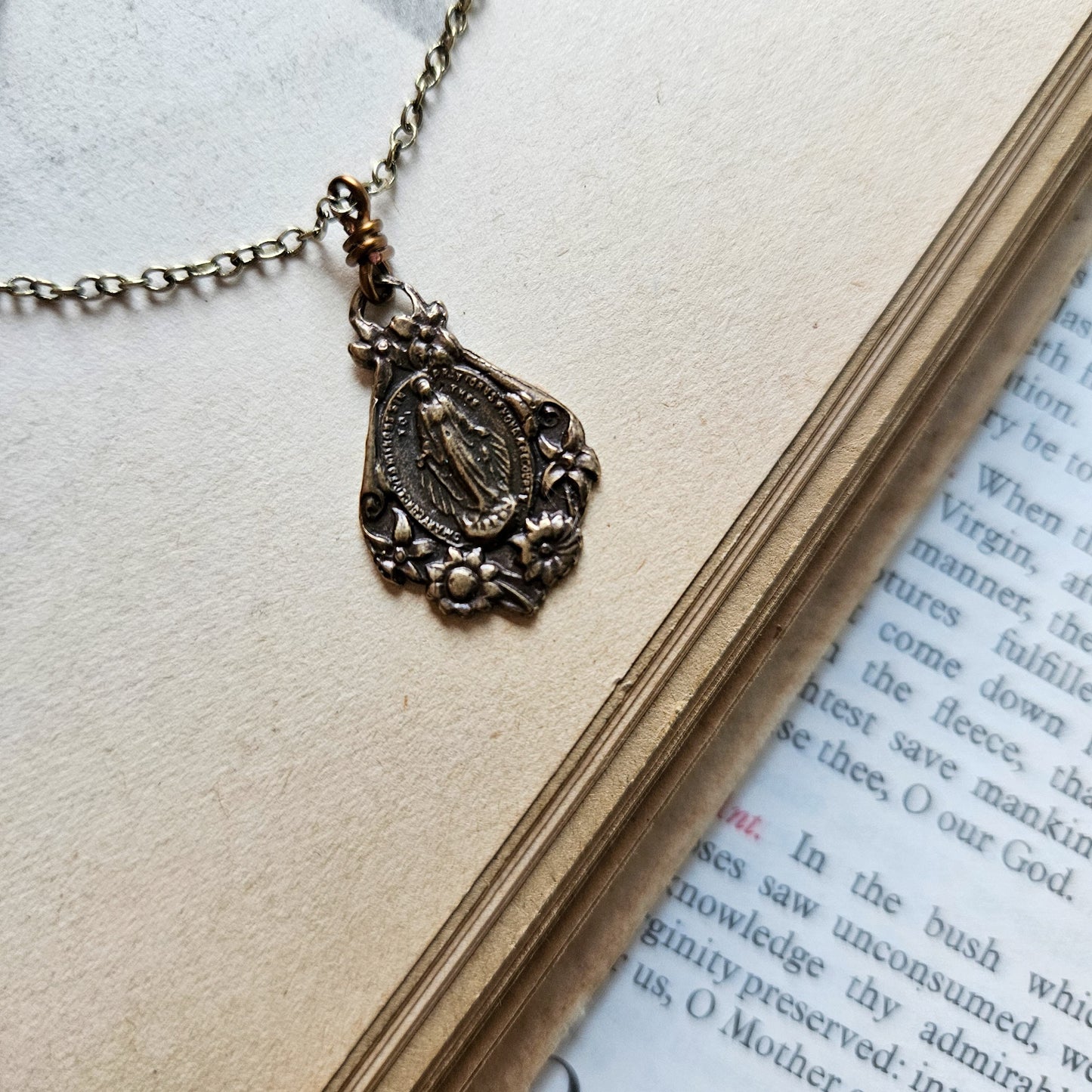 Bronze Floral Miraculous Medal Necklace